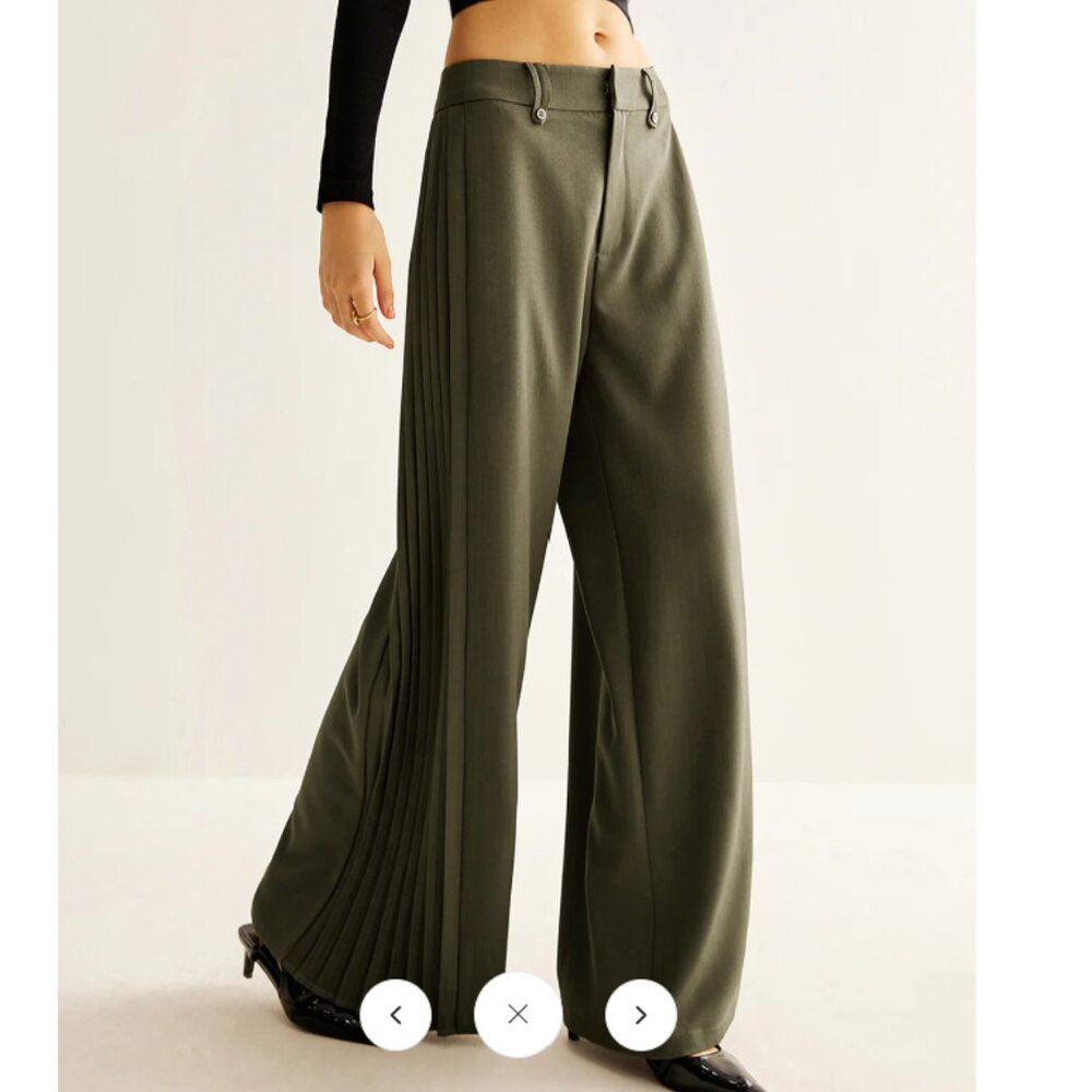 Commense Side Pleated Wide-Leg Pants in Army Green Size L NWT